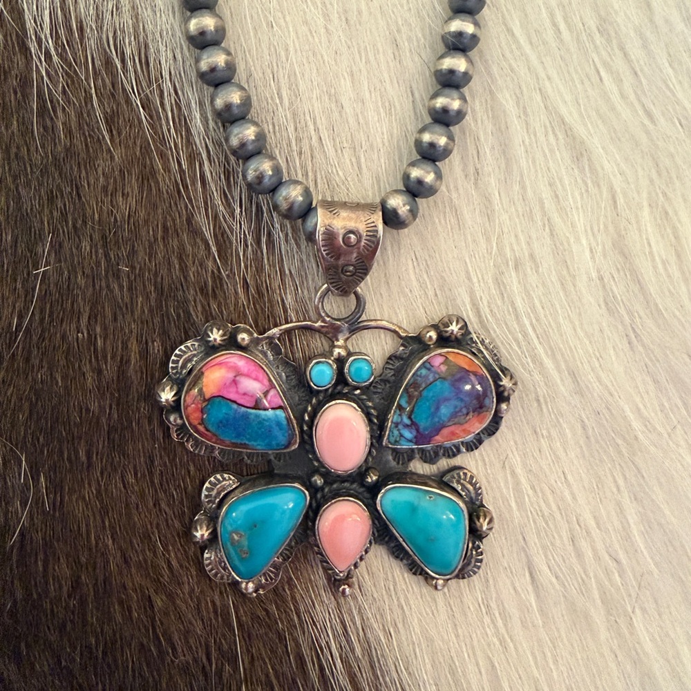 ❤️ Huge Butterfly Navajo Style 925 Pendant Dahlia Conch Kingman Turquoise 19.3G - Picture 4 of 11